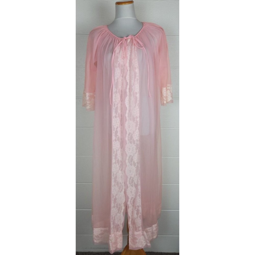 Vintage Gaymode‎ Pink Chiffon Peignoir Sheer Robe Negligee w. White Lace
